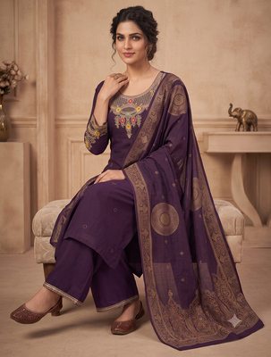 Wine embroidered silk blend   straight kurta pant set with dupatta 2