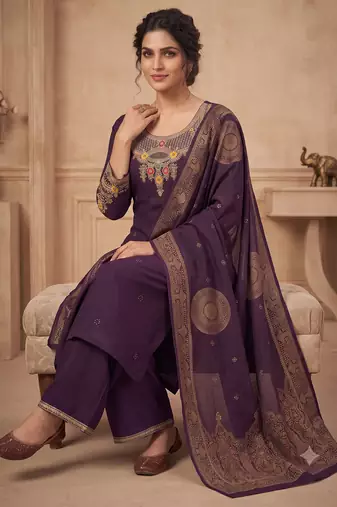 Wine embroidered silk blend   straight kurta pant set with dupatta