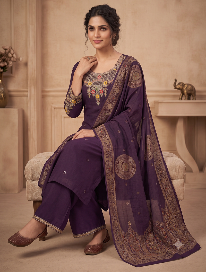 Wine embroidered silk blend   straight kurta pant set with dupatta