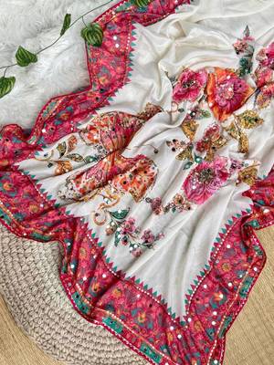 White Color Digital Print And Sequence, Real Mirror Work  Silk Blend Saree 1