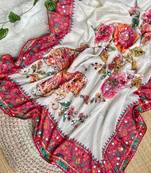 White Color Digital Print And Sequence, Real Mirror Work  Silk Blend Saree