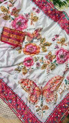 White Color Digital Print And Sequence, Real Mirror Work  Silk Blend Saree 2