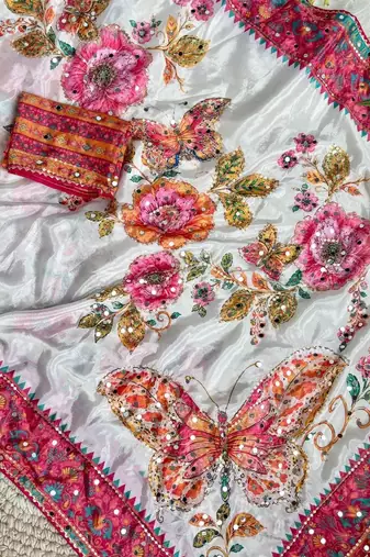 White Color Digital Print And Sequence, Real Mirror Work  Silk Blend Saree