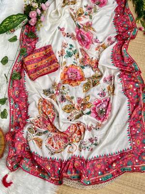 White Color Digital Print And Sequence, Real Mirror Work  Silk Blend Saree 3