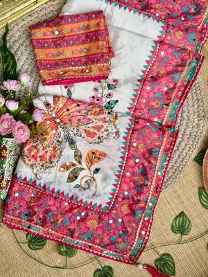 White Color Digital Print And Sequence, Real Mirror Work  Silk Blend Saree 5