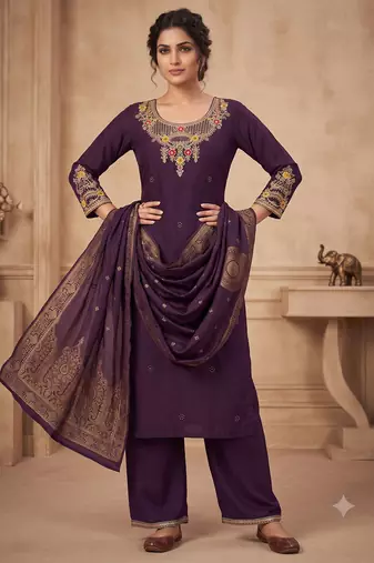 Wine embroidered silk blend   straight kurta pant set with dupatta