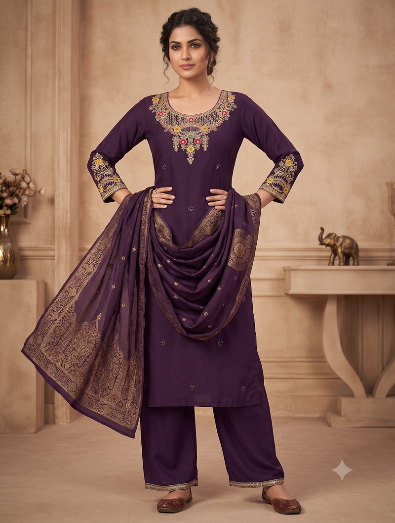 Wine embroidered silk blend   straight kurta pant set with dupatta