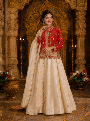 Red Color Embroidery Thread & sequin Work Simar Silk Blend Lehenga Choli Set 1