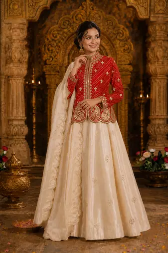 Red Color Embroidery Thread & sequin Work Simar Silk Blend Lehenga Choli Set
