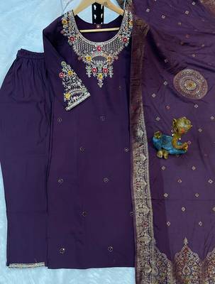 Wine embroidered silk blend   straight kurta pant set with dupatta 4