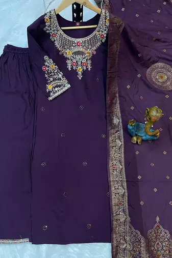 Wine embroidered silk blend   straight kurta pant set with dupatta