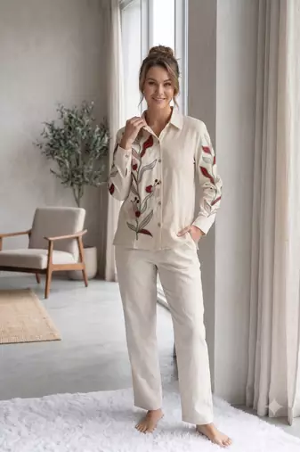 Women cream embroidered shirt and trousers co-ord set
