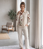 Women cream embroidered shirt and trousers co-ord set