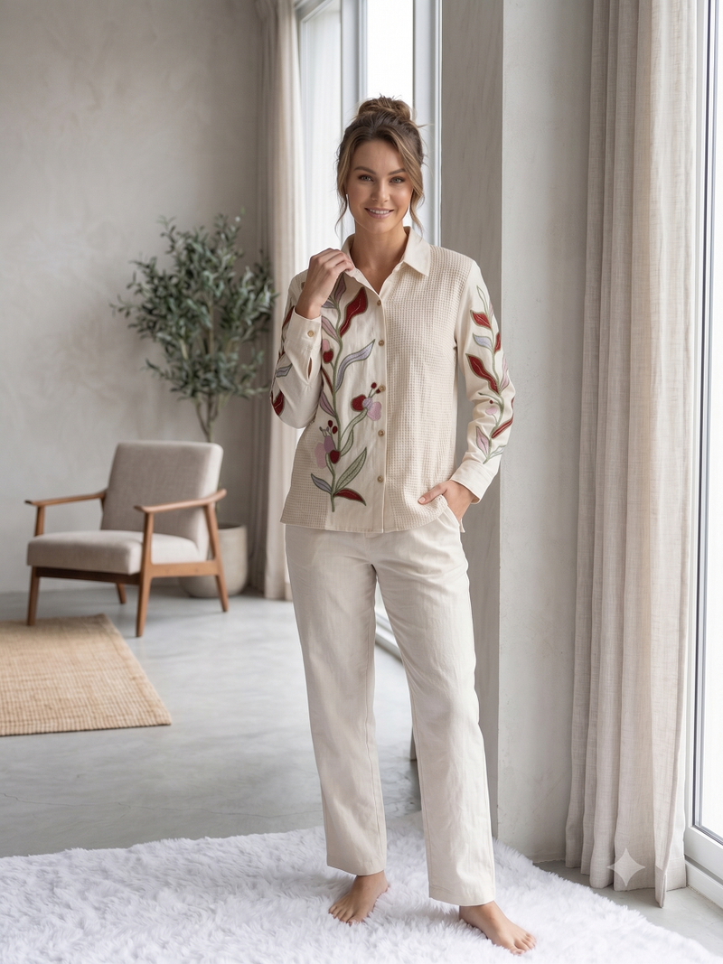 Women cream embroidered shirt and trousers co-ord set