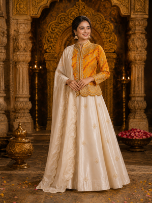 Yellow Color Embroidery Thread & sequin Work Simar Silk Blend Lehenga Choli Set 1
