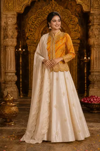 Yellow Color Embroidery Thread & sequin Work Simar Silk Blend Lehenga Choli Set