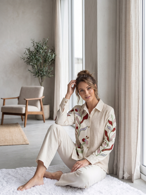 Women cream embroidered shirt and trousers co-ord set 2