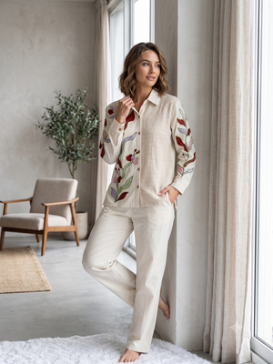 Women cream embroidered shirt and trousers co-ord set 3