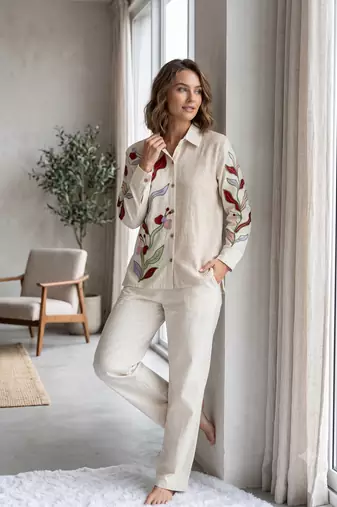 Women cream embroidered shirt and trousers co-ord set