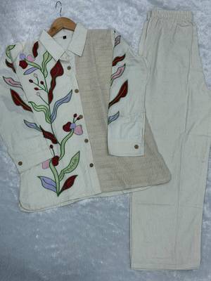 Women cream embroidered shirt and trousers co-ord set 4