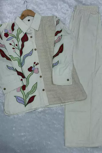 Women cream embroidered shirt and trousers co-ord set