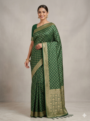 Dark Green Traditional Banarasi Silk Saree With Blouse Piece. 1