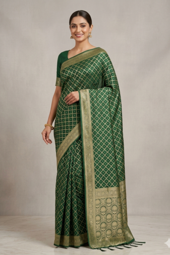 Dark Green Traditional Banarasi Silk Saree With Blouse Piece.