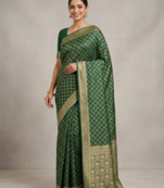 Dark Green Traditional Banarasi Silk Saree With Blouse Piece.
