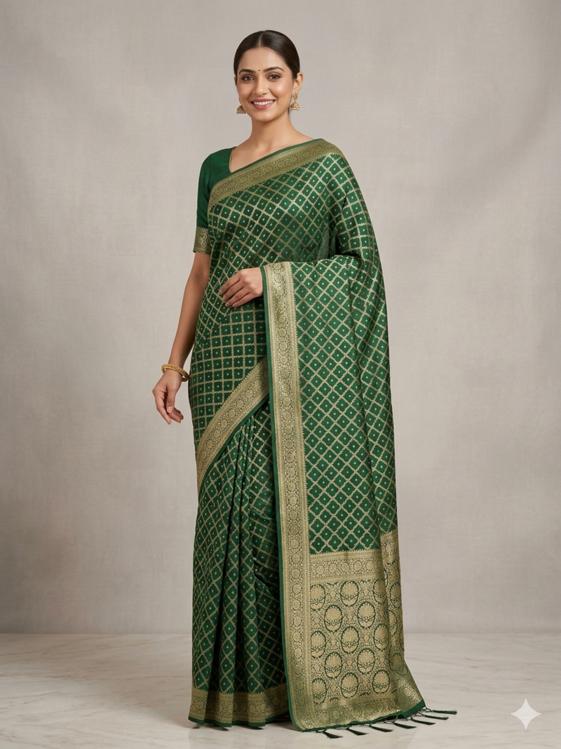 Dark Green Traditional Banarasi Silk Saree With Blouse Piece.