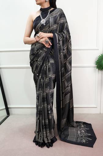 Black printed Work Satin Saree
