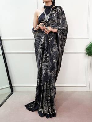 Black Color printed Work Satin Saree 2