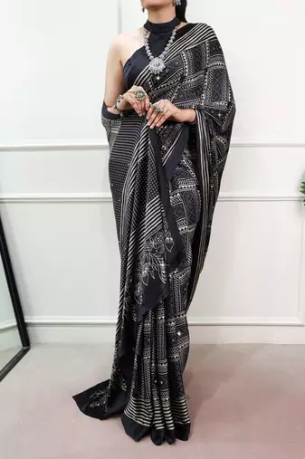 Black Color printed Work Satin Saree