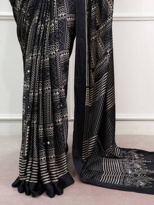 Black Color printed Work Satin Saree 3