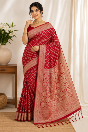 Red Traditional Banarasi Silk Saree With Blouse Piece.