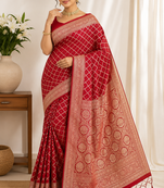 Red Traditional Banarasi Silk Saree With Blouse Piece.
