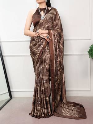 Coffee Color printed Work Satin Saree 1