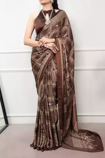 Coffee Color printed Work Satin Saree