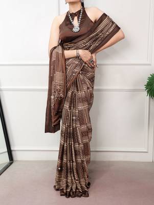Coffee Color printed Work Satin Saree 2