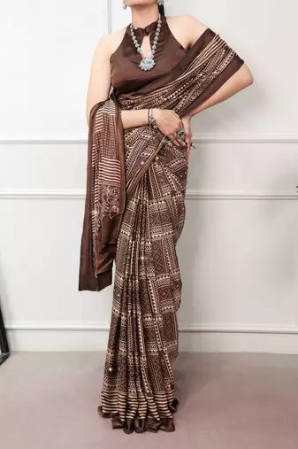 Coffee Color printed Work Satin Saree
