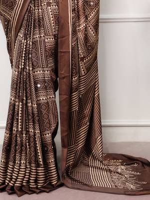 Coffee Color printed Work Satin Saree 4