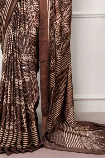 Coffee Color printed Work Satin Saree