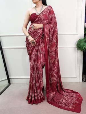 Maroon Color printed Work Satin Saree 1