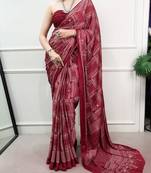 Maroon Color printed Work Satin Saree