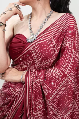 Maroon Color printed Work Satin Saree