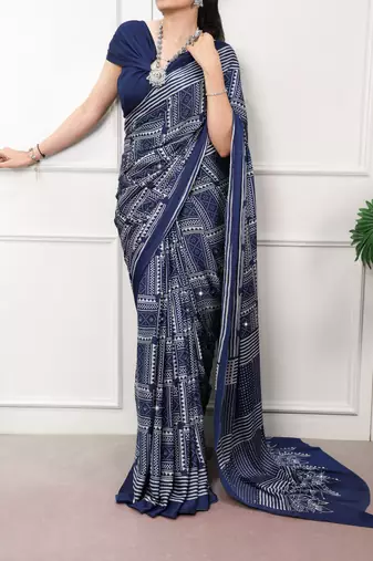 Neavy Blue Color printed Work Satin Saree