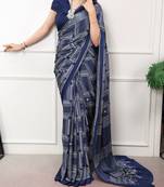 Neavy Blue Color printed Work Satin Saree