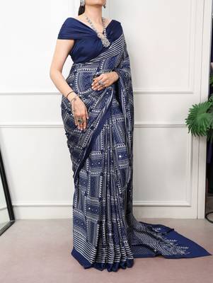 Neavy Blue Color printed Work Satin Saree 2