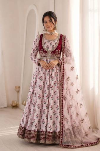 Baby Pink Color Designer Embellishment Embroidery Sequins Work Crep Printed Gown Set