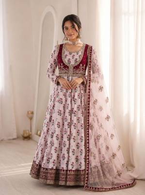 Baby Pink Color Designer Embellishment Embroidery Sequins Work Crep Printed Gown Set 1