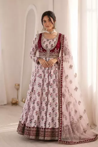Baby Pink Color Designer Embellishment Embroidery Sequins Work Crep Printed Gown Set